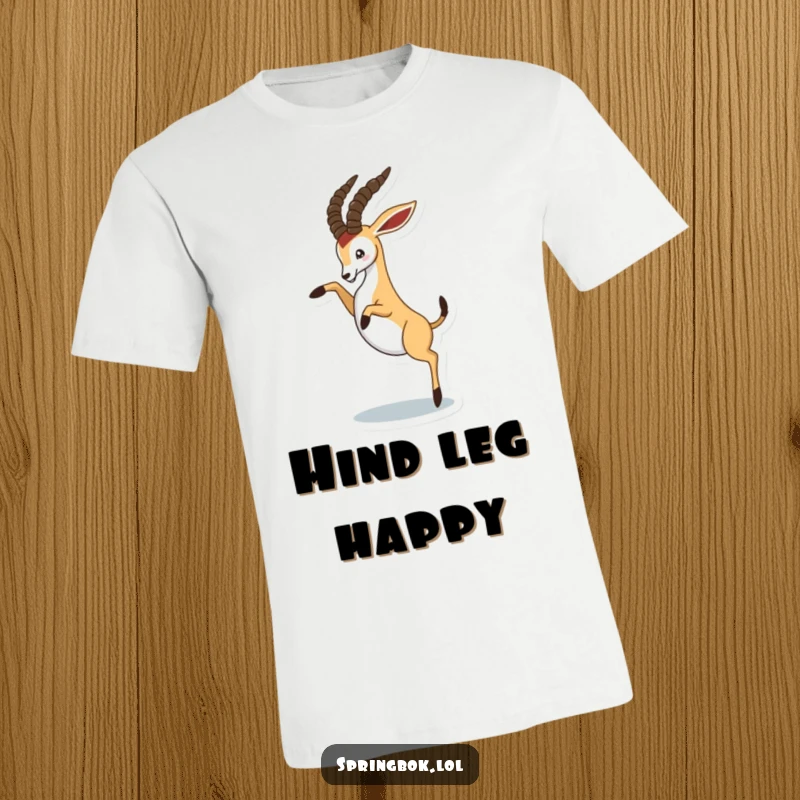 Funny springbok playfully kicking its hind legs in the air, dynamic and humorous t-shirt