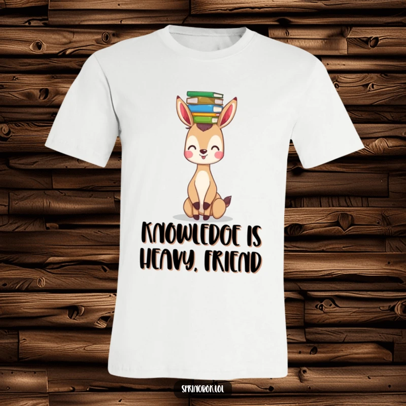 Funny springbok t-shirt showing a joyful springbok balancing a stack of colorful books on its head. A quirky design for readers.