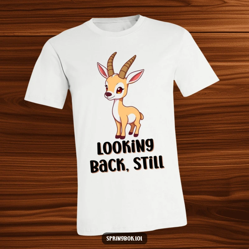 Funny springbok t-shirt features a springbok character in a funny pose, looking over its shoulder with intrigue, perfect for curious humor.