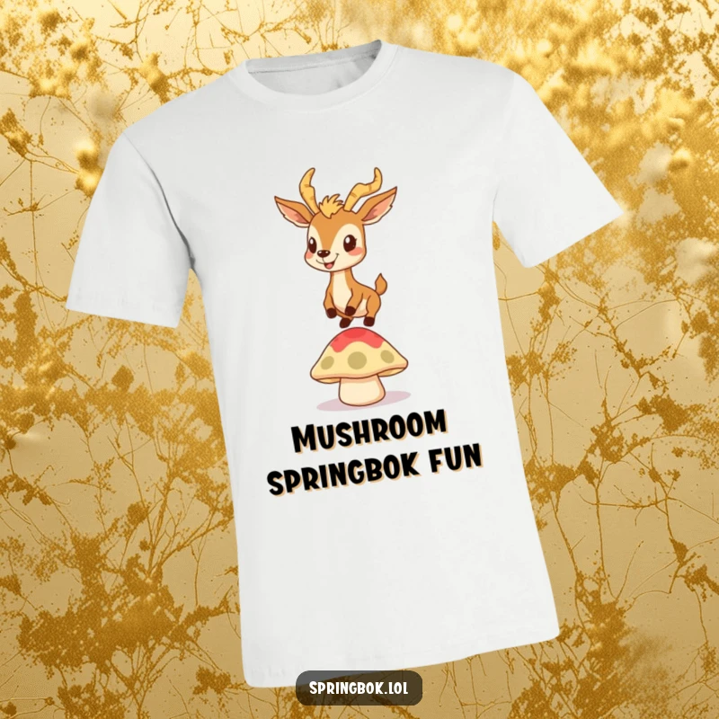Funny t-shirt featuring a springbok with a goofy grin bouncing on a mushroom cap, a cheerful and humorous apparel.