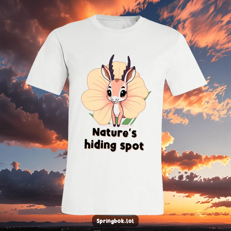 Funny springbok t-shirt showing a timid yet curious springbok peeking its head out from behind a huge, vibrant flower.