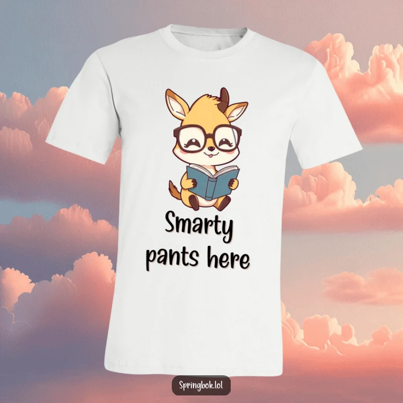 Funny t-shirt featuring a springbok character wearing oversized glasses, humorously reading a book, ideal for bookworms.