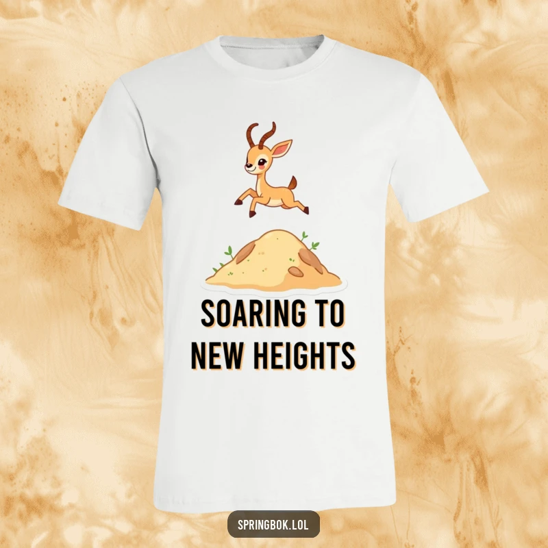 Funny tiny antelope character leaping high over a hill on a t-shirt, symbolizing joy and energetic movement.