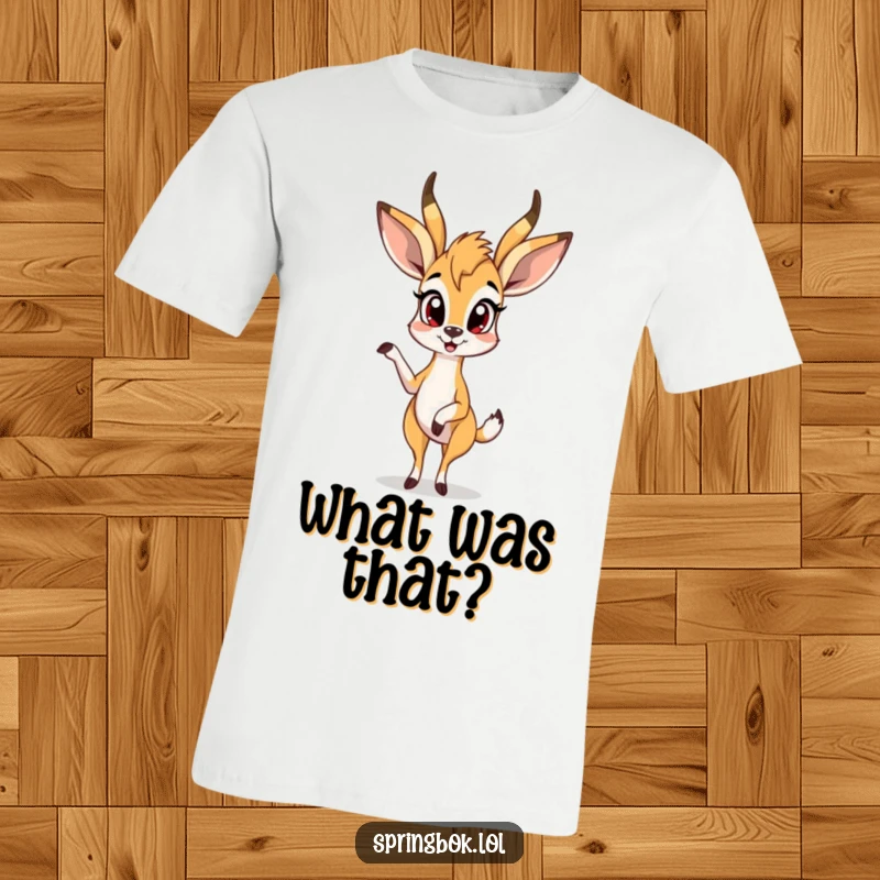 Funny springbok t-shirt features a springbok character in a hilarious pose, one leg up in surprise, perfect for expressive humor.