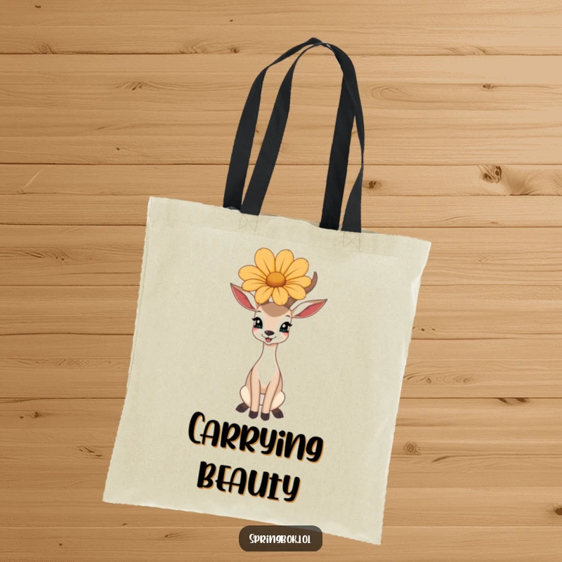 Funny tote bag with a happy antelope balancing a large flower on its head, showcasing joy.