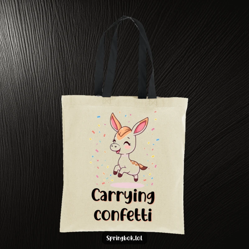 Funny tote bag showing a Kawaii springbok tripping playfully and scattering colorful confetti, a humorous and practical accessory.