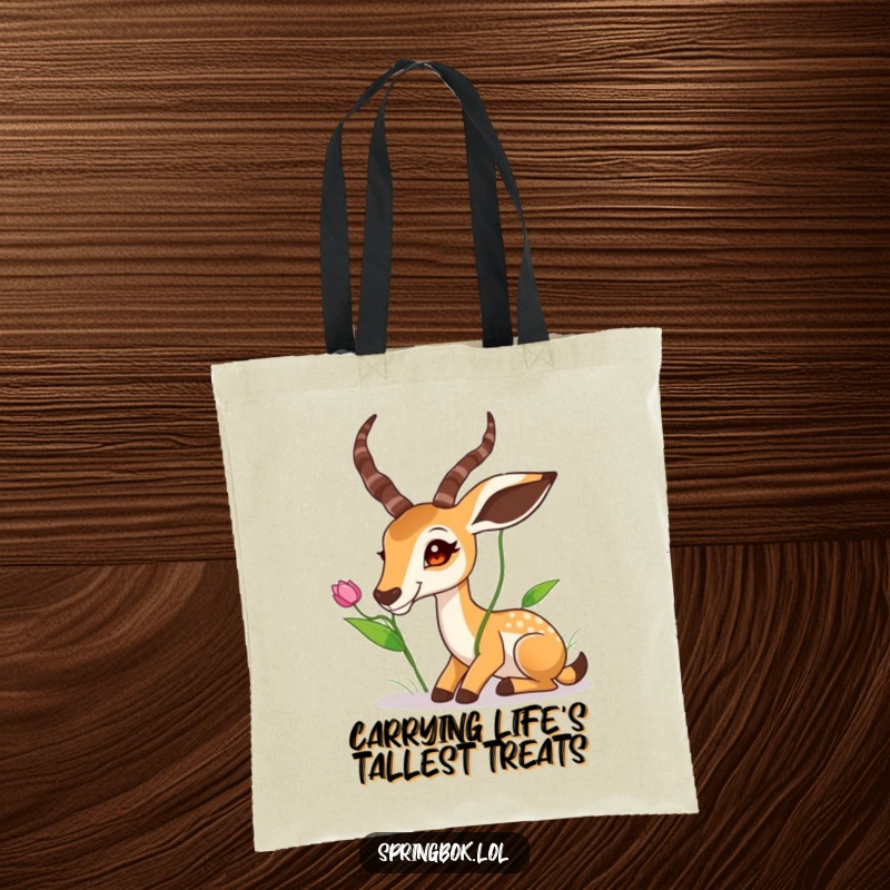Funny Springbok Tote Bag: A springbok stretching its long neck to reach a high leaf, a funny and practical accessory.