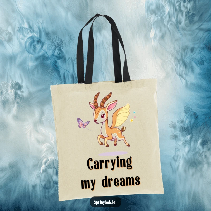 Funny Winged Springbok Tote Bag: Springbok with wings playfully chasing a butterfly, perfect for daily use.