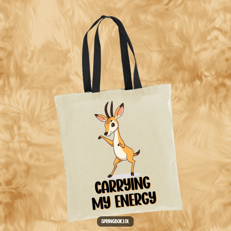 Funny Springbok Tote Bag depicting a springbok with legs kicking up in a comical, exaggerated dance, perfect for carrying essentials.