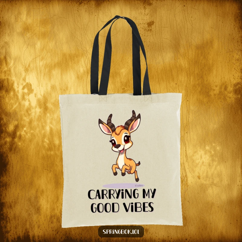Funny Springbok Tote Bag: A springbok hopping with a wide grin, a funny and cheerful accessory for daily use.