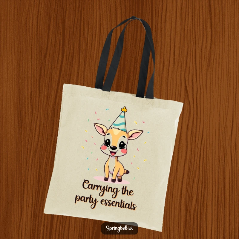 Funny Springbok Tote Bag, artfully designed with a cheerful springbok throwing confetti. A unique and humorous accessory, great funny gift.