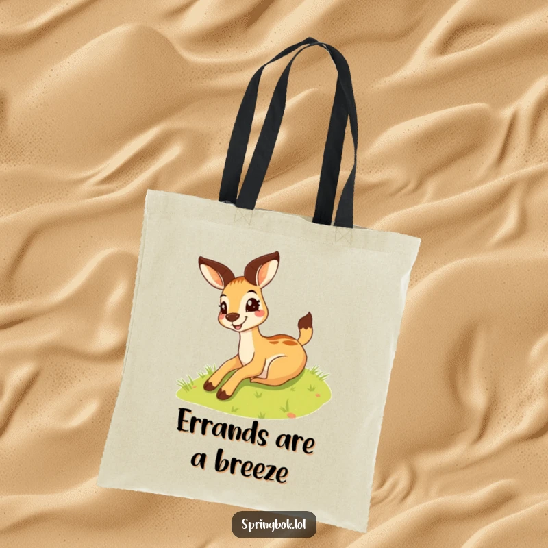 Funny springbok tote bag with a silly grin sliding down a grassy hill, perfect for carrying items with a playful vibe.