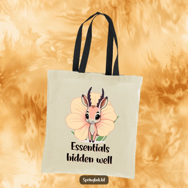 Funny springbok tote bag featuring a curious springbok peeking out from behind a giant, oversized flower, perfect for carrying items.