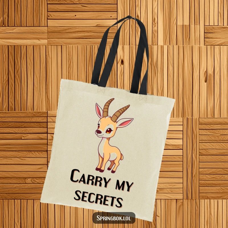 Funny springbok tote bag depicts a springbok looking over its shoulder in a funny pose, perfect for humorous carrying.