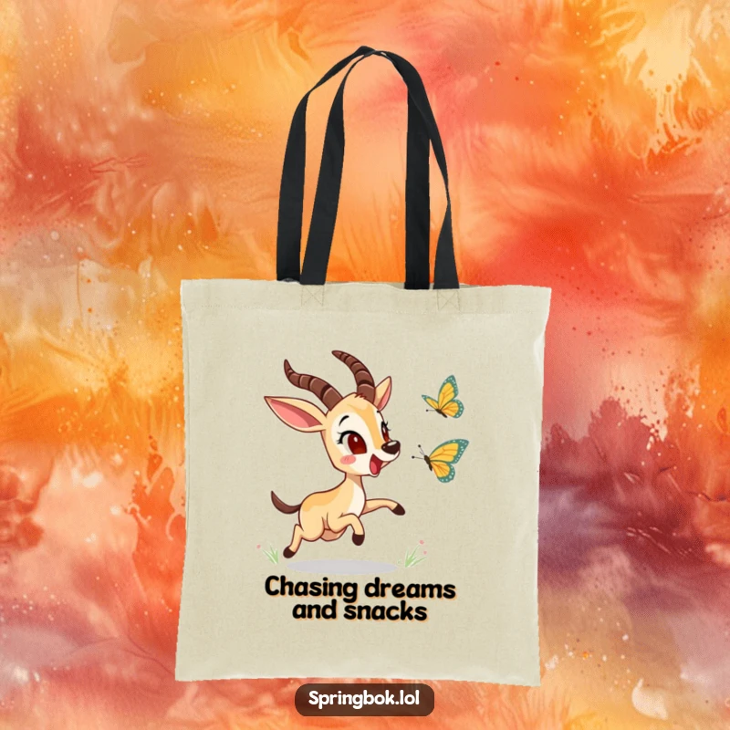 Funny springbok character chasing a butterfly on a durable tote bag, showcasing a whimsical scene for your everyday adventures.