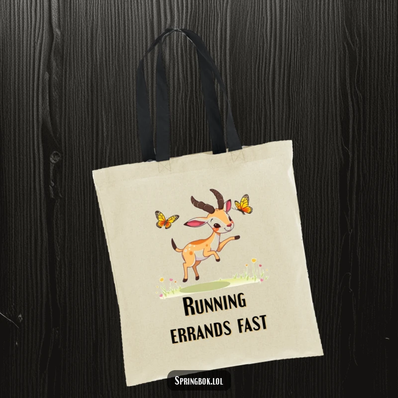 Funny springbok butterfly chase tote bag, a springbok playing with a butterfly, spacious and humorous.