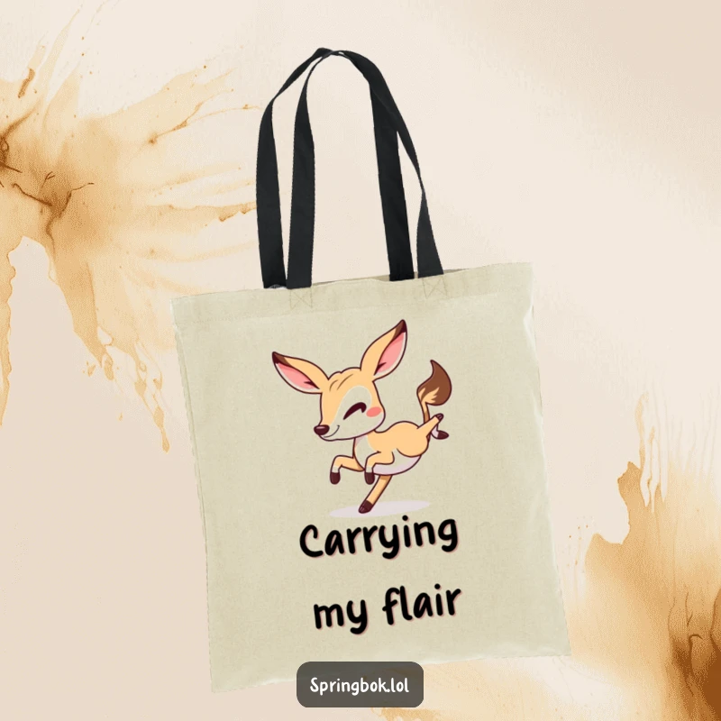 Funny Springbok cartwheel tote bag, a springbok winking and doing a cartwheel, great for shopping and humor.