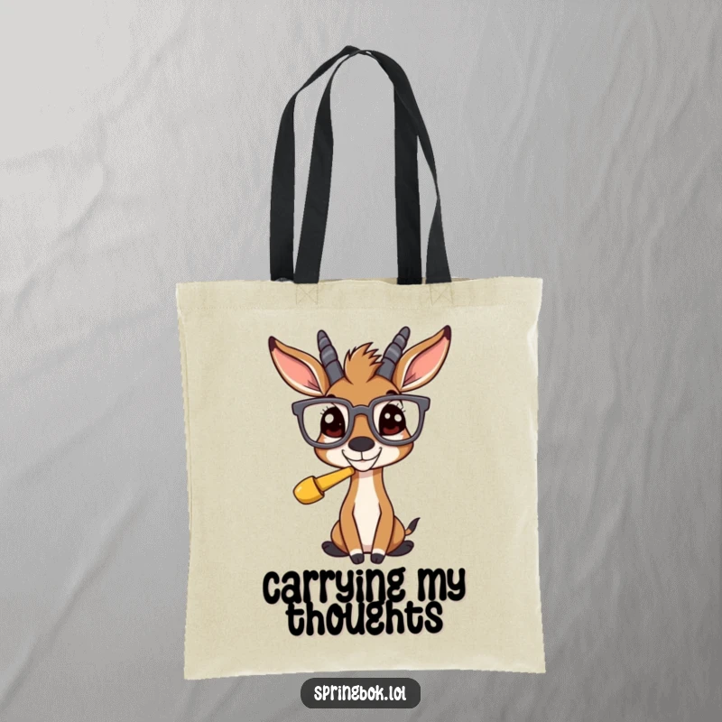 Funny springbok wearing oversized glasses, looking at something amusing, on a durable tote bag for everyday use.