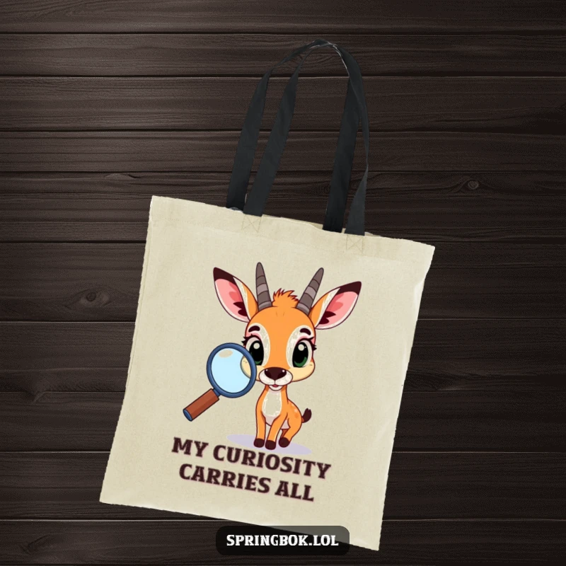 Funny springbok tote bag, depicting a wide-eyed springbok using a giant magnifying glass, ready for adventures and carrying essentials with humor.
