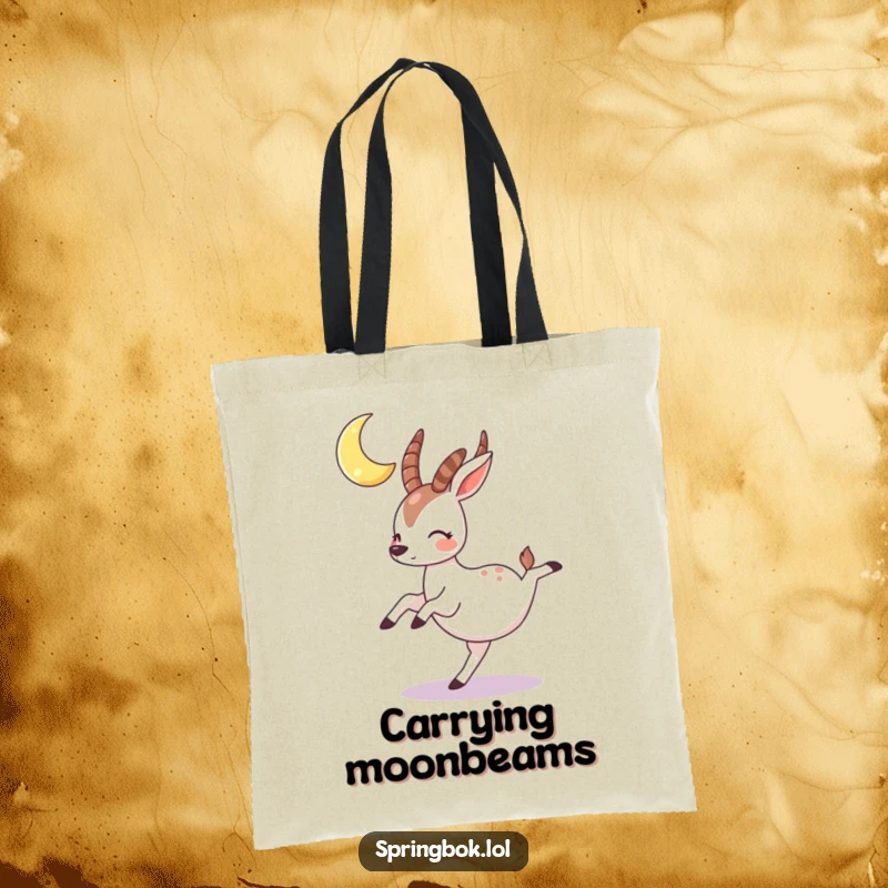 Funny springbok tote bag with a rosy-cheeked character cartwheeling under a crescent moon, perfect for carrying daily items.