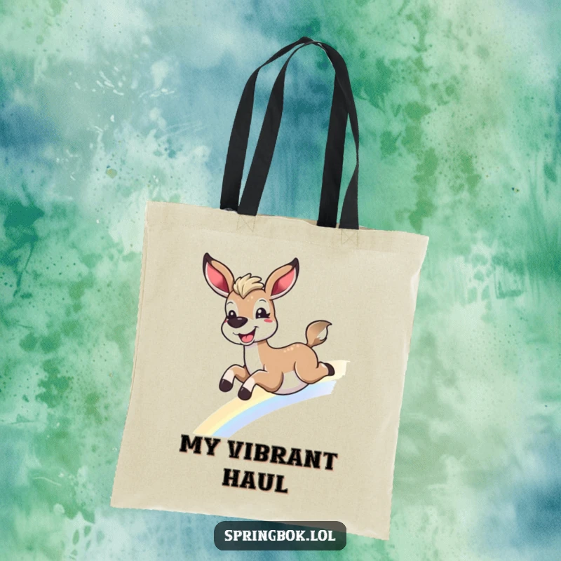 Funny springbok rainbow tote bag, sliding joyfully down a rainbow with a wide grin, great for a funny gift.