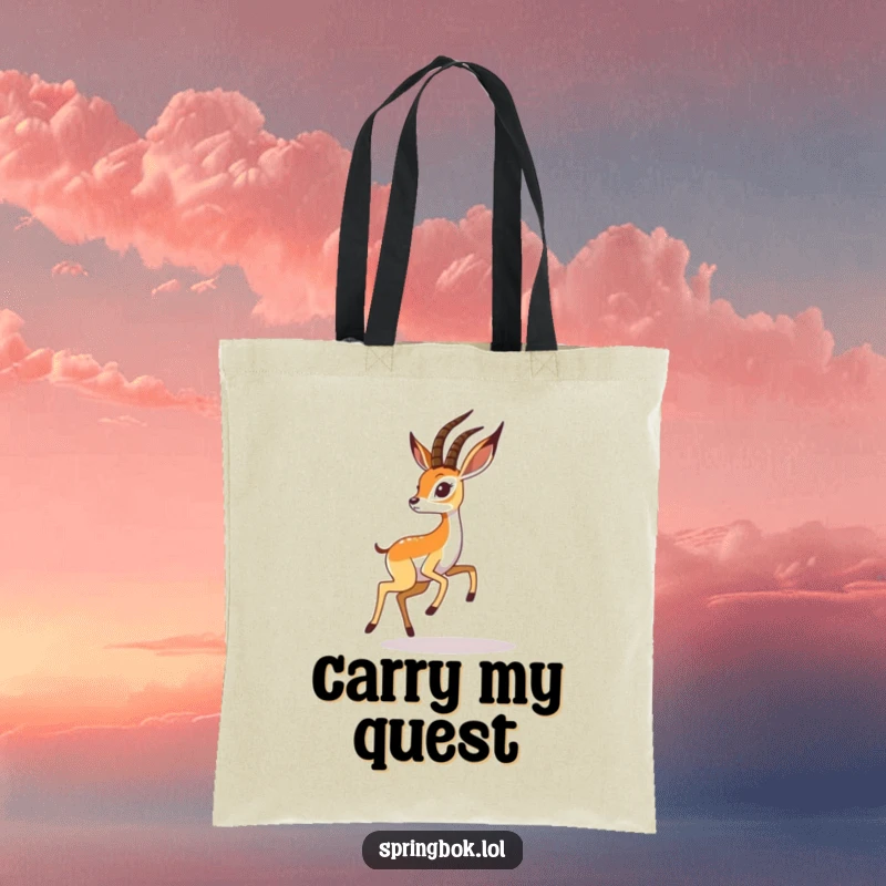 Funny springbok tote bag depicts a playful springbok chasing its shadow, perfect for humorous and practical carrying.