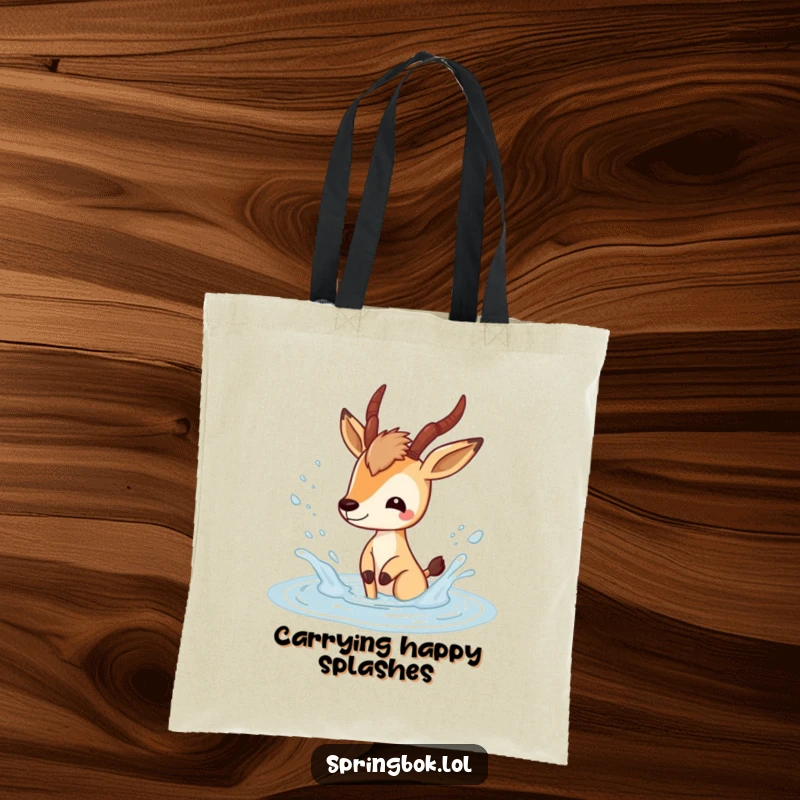 Funny springbok tote bag featuring a playful springbok character splashing happily in a puddle, a functional and fun accessory.