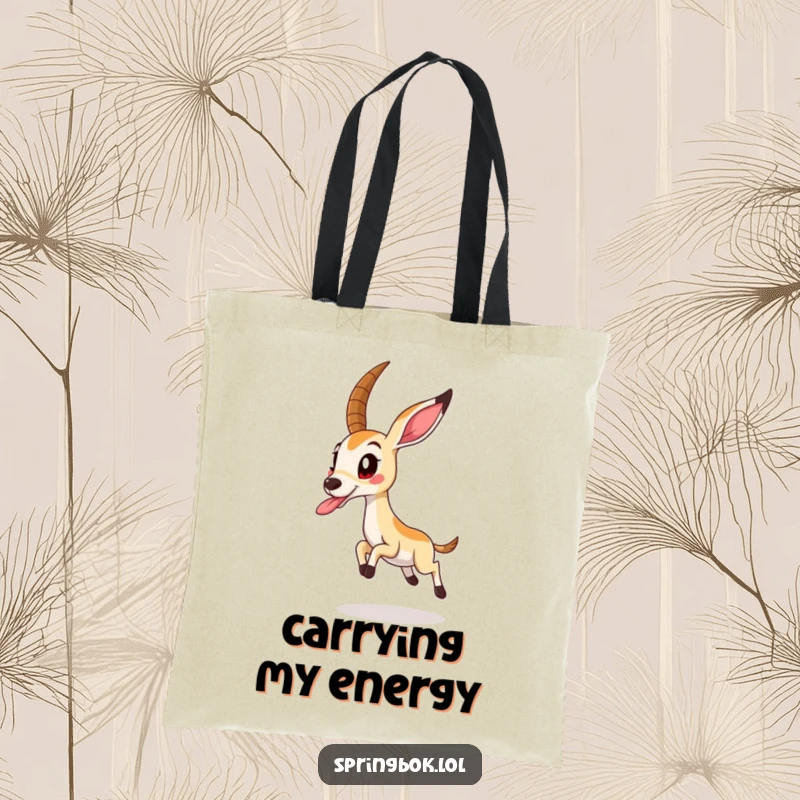 Funny springbok captured mid-leap with tongue playfully extended, on a practical and amusing tote bag.