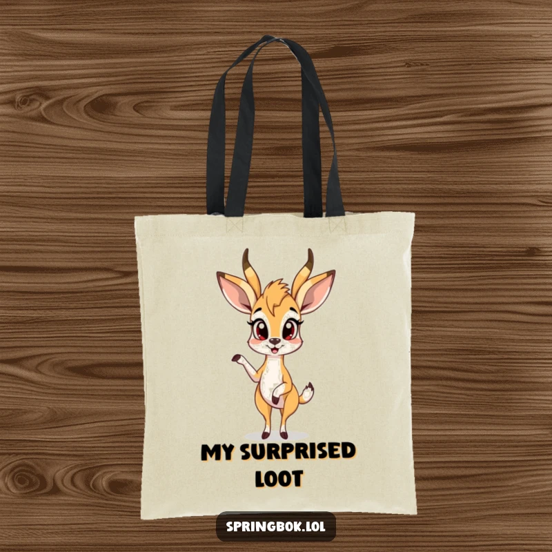 Funny springbok tote bag depicts a springbok in a surprised pose with one leg up, perfect for humorous carrying.