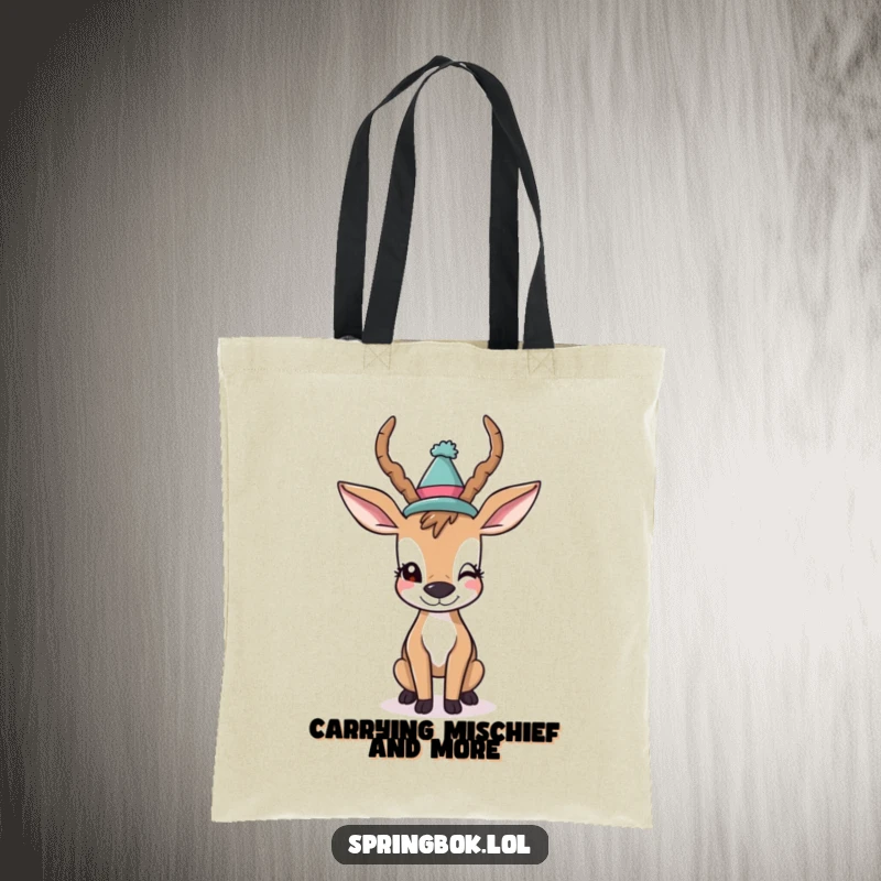 Funny Tote Bag: A sassy antelope in a funny hat winks slyly, perfect for carrying your essentials with a dose of playful style.