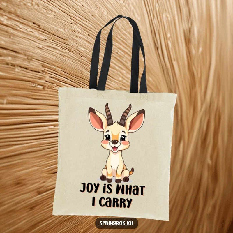 Funny springbok with big, bouncy ears twitching with pure glee, on a practical and cheerful tote bag.