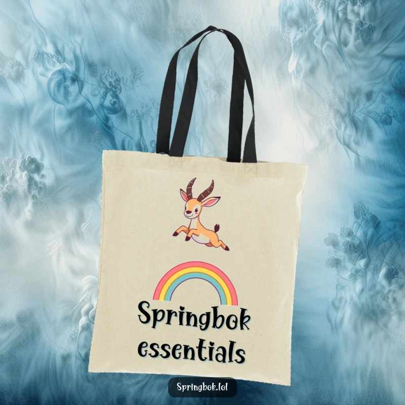 Funny tote bag showing a cute springbok leaping energetically over a stylized rainbow, perfect for carrying items with flair.